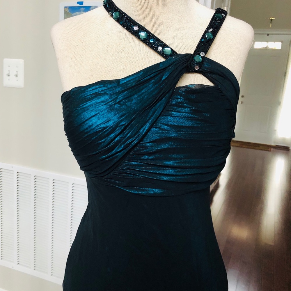 STUNNING IRIDESCENT SHIMMER TEAL DRESS OPEN BACK FLOOR LENGTH DRESS SZ 6